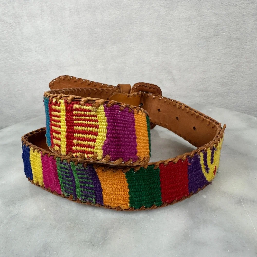 Brown Leather Belt Multicolor Woven Design‎ Guatemalan boho bohemian western